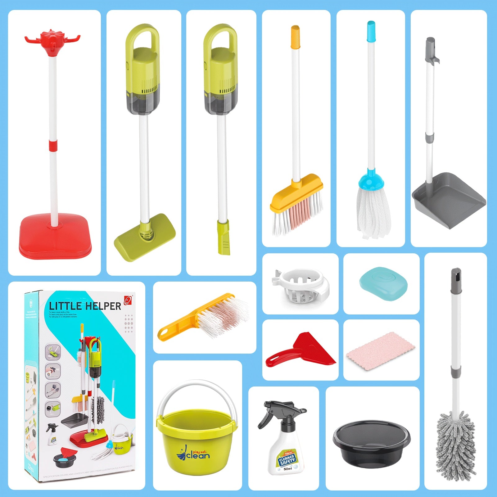 Kids Pretend Play Cleaning Toy Set with Electric Vacuum Cleaner Broom Dustpan Mop & Duster – Home Cleaning Playset for Toddlers Boys & Girls Birthday Gift