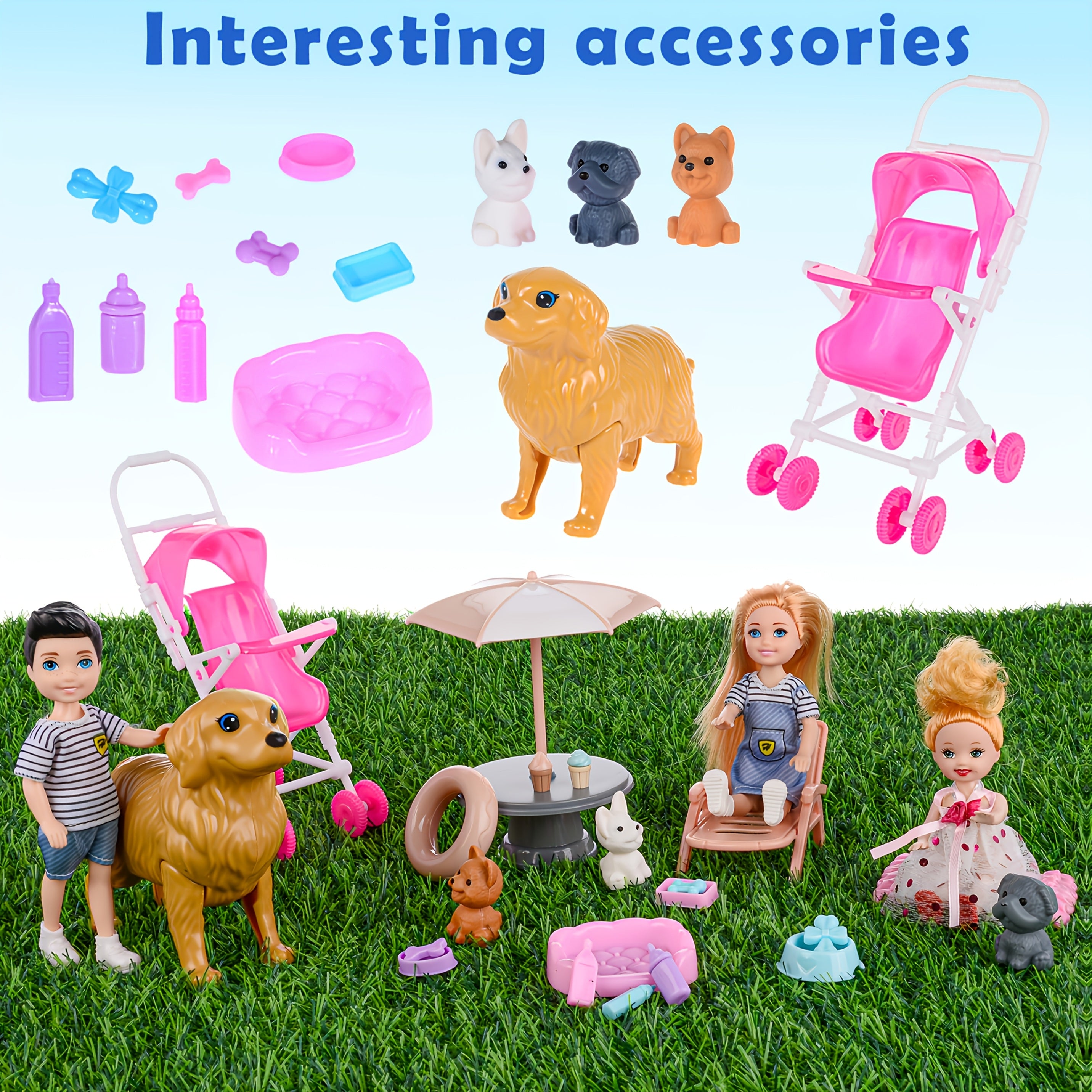 Family Doll Playset 6 Dolls with Pets & Accessories – Pregnant Mom Dad Kids Puppies Poseable PVC Collectible Toy Birthday Holiday Gift for Girls Age 3+