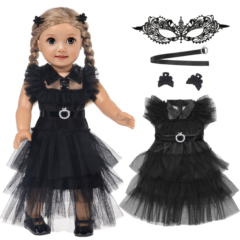 Doll Halloween Costume 18 Inch – Black Tulle Cake Dress with Bow Hair Clip Movie-Inspired Party Outfit for 16-18 Inch Girl Dolls No Doll Gift for Kids