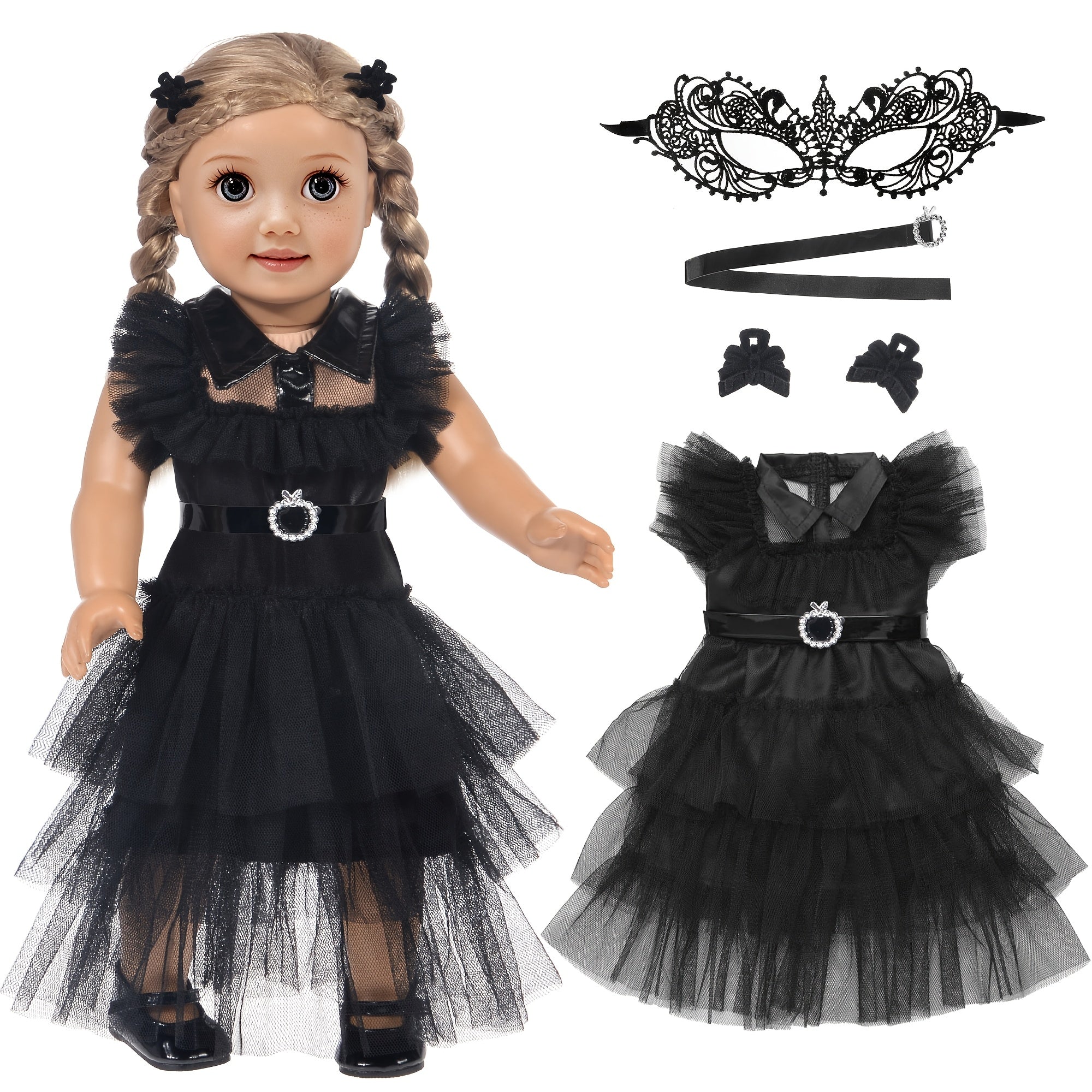 Doll Halloween Costume 18 Inch – Black Tulle Cake Dress with Bow Hair Clip Movie-Inspired Party Outfit for 16-18 Inch Girl Dolls No Doll Gift for Kids