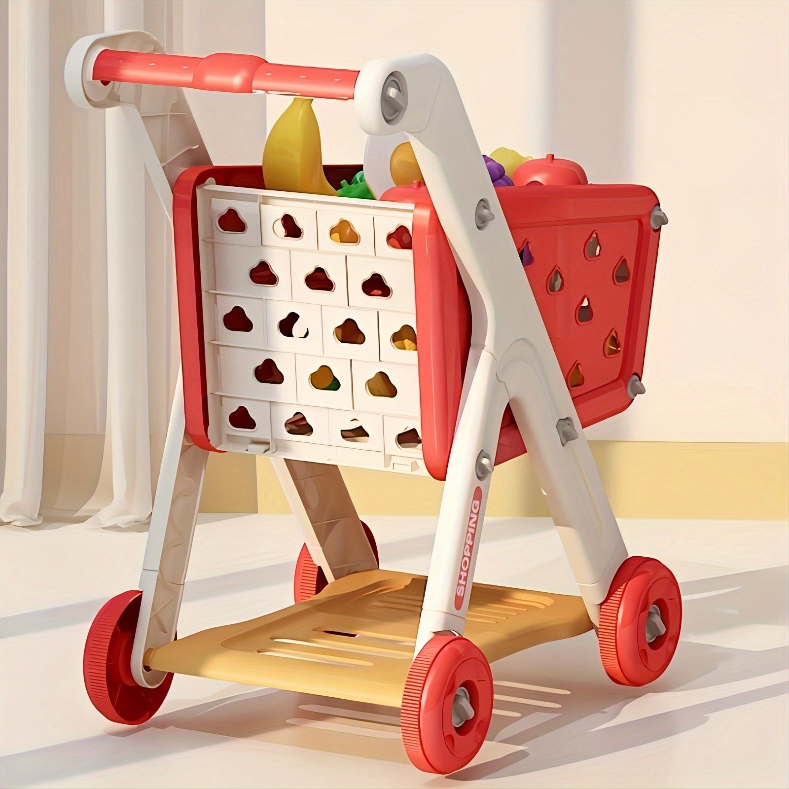 Kids Grocery Shopping Cart Toy Set Pretend Play with Pretend Food Accessories Wheels Toddler Girls Boys Christmas Birthday Gift
