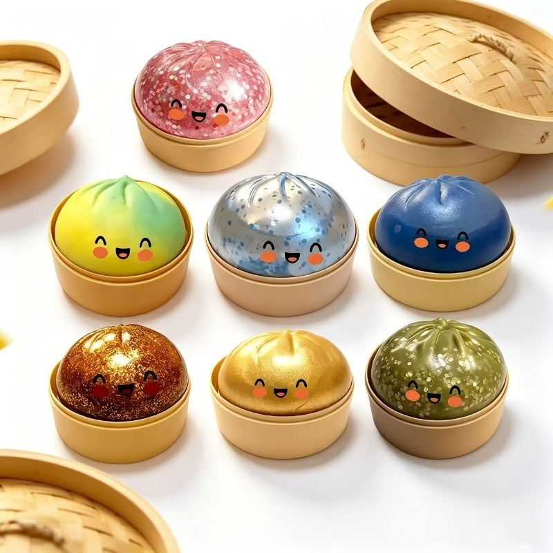 Kawaii Steamed Bun Squishy Plush Toy Set 12pcs – 6 Soft Slow Rise Buns & 6 Steamer Baskets, Sticky Sensory Fidget Collectible Gift for Kids Adults Christmas Birthday