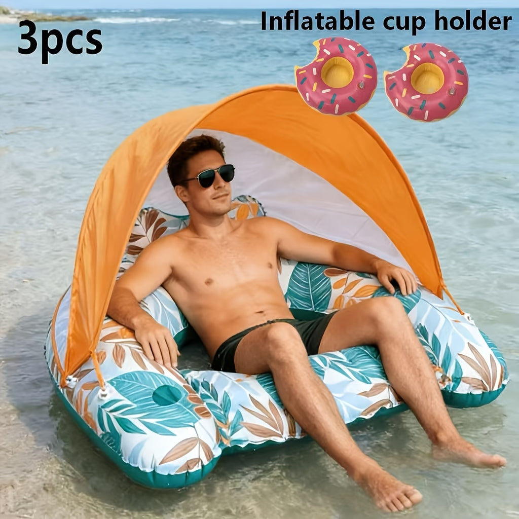Inflatable Pool Float with Canopy & Cup Holder – Tropical Leaf Adult Floating Lounger for Pool Beach Lake River, Summer Party Raft with Sun Shade