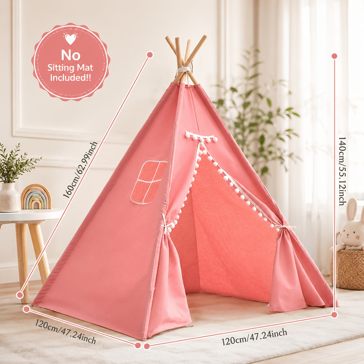 Kids Teepee Tent for Girls Boys, Indoor Outdoor Play Tent with Washable Fabric, Nordic Princess Conical Playhouse for Bedroom Backyard, Birthday Christmas Gift Ages 3+ (No Padding)