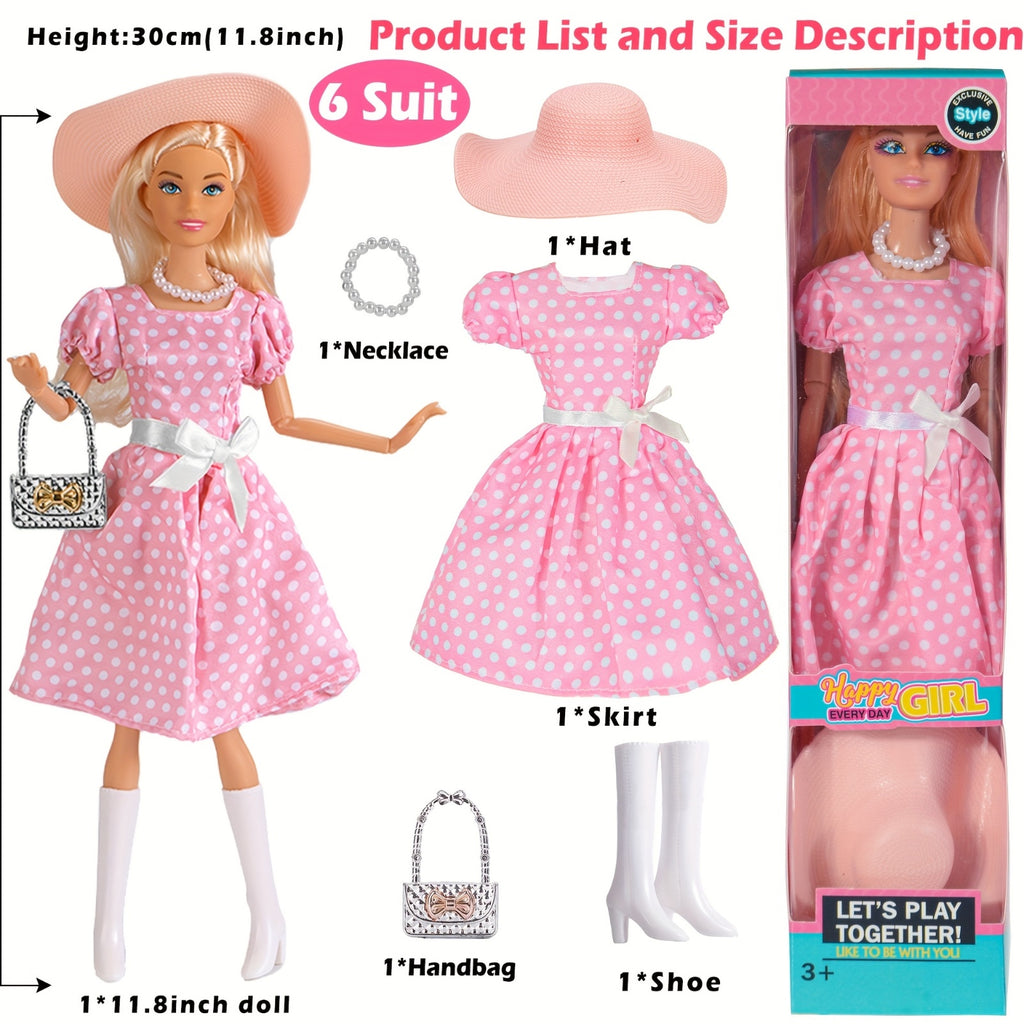 6 Pack 11.5 Inch Articulated Fashion Princess Dolls Playset – Poseable Joints, Outfits, Handbag, Crown, Necklace & Suitcase, Individual Gift Boxes, Complete Doll Set for Girls Ages 3+