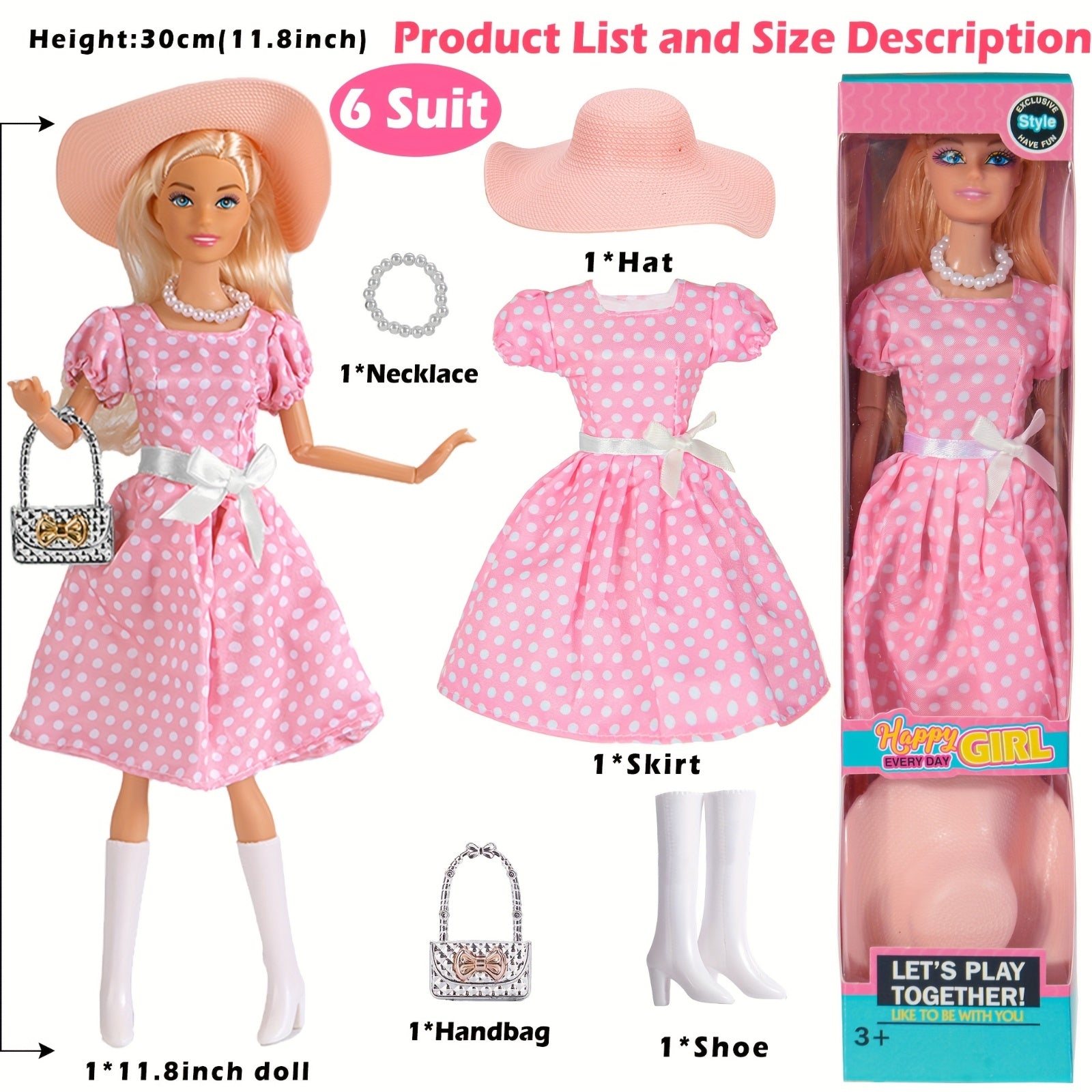 6 Pack 11.5 Inch Articulated Fashion Princess Dolls Playset – Poseable Joints, Outfits, Handbag, Crown, Necklace & Suitcase, Individual Gift Boxes, Complete Doll Set for Girls Ages 3+