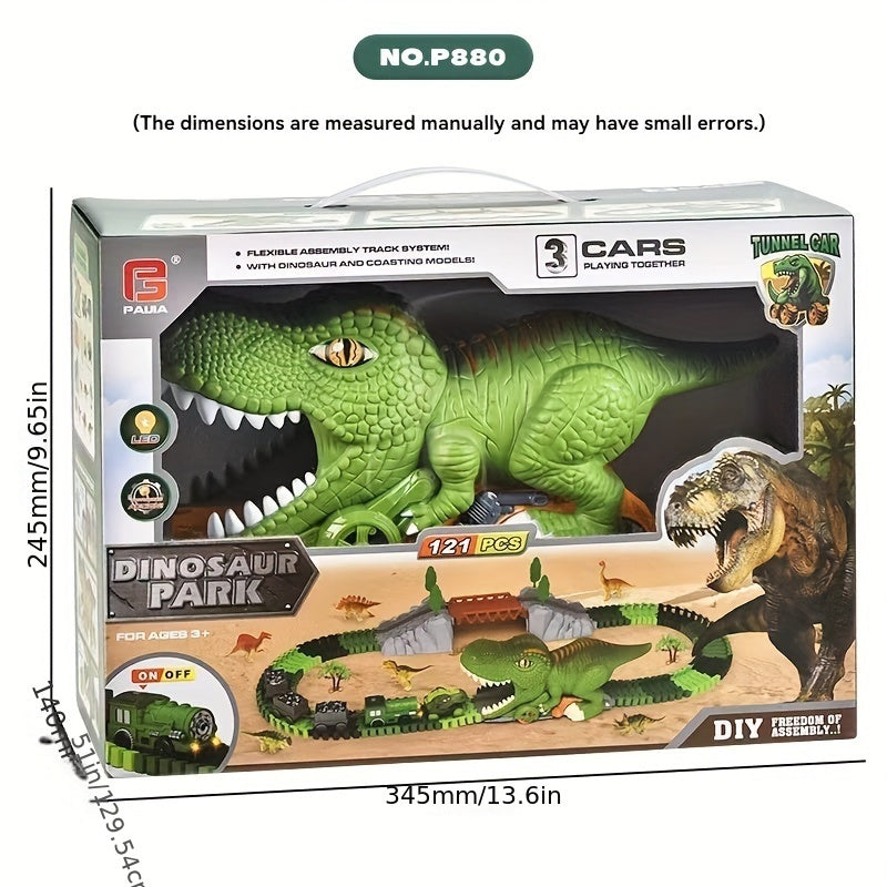 121-Piece Electric Dinosaur Track Train Set – Dinosaur Swallowing Car Sliding Track with Electric Train, Fun Dinosaur Toy Car Combination Playset for Kids Boys and Girls