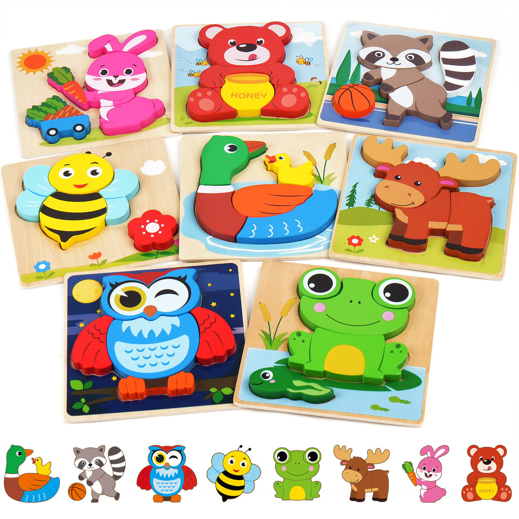 8-Pack Animal Wooden Puzzles for Toddlers Ages 1 2 3 – Colors & Shapes Cognition Learning Toy, Preschool Educational Gift for Baby Kids Christmas Birthday