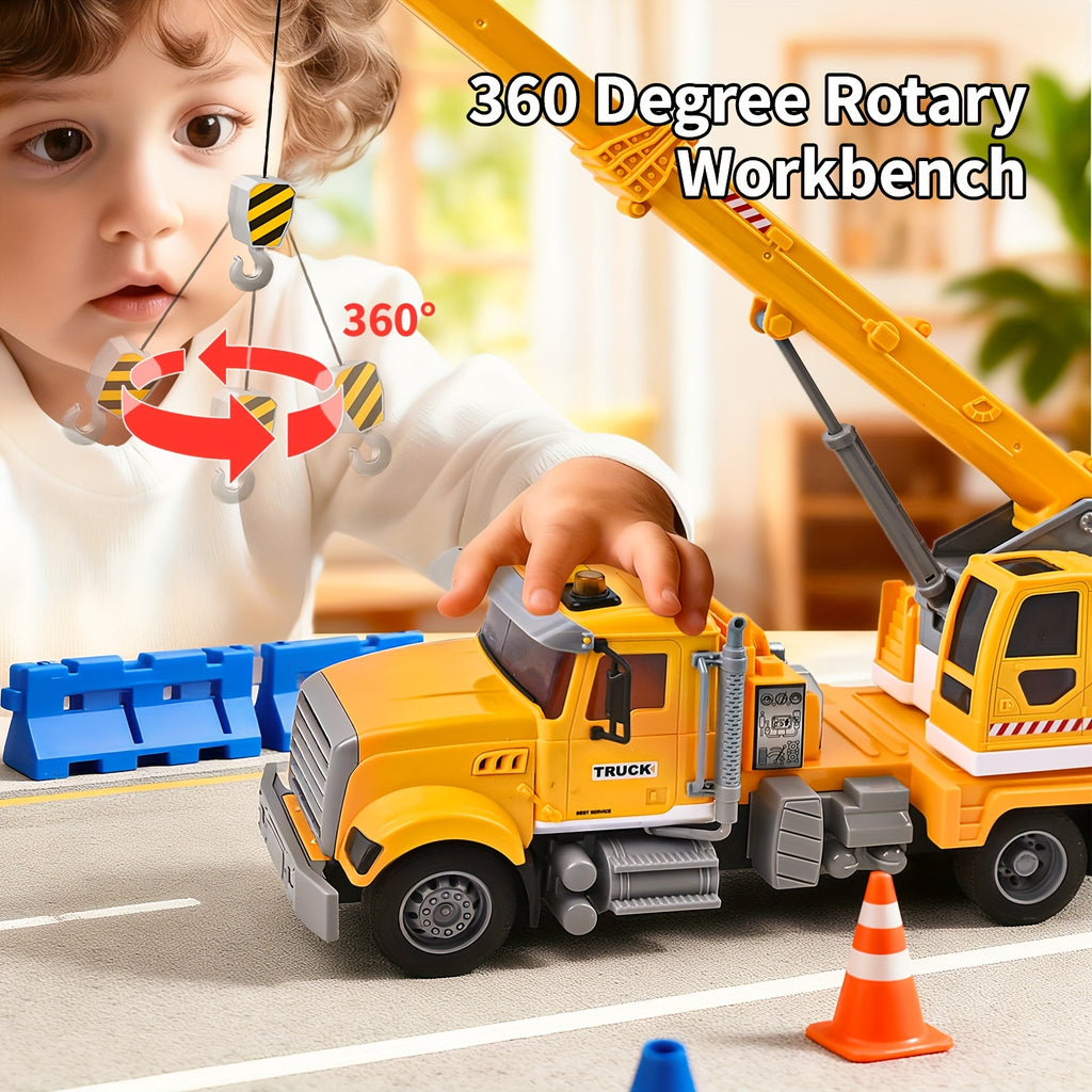 13-Inch Tow Truck Toy for Kids with Lights & Sounds – Friction Powered Transport Crane Truck with Movable Arm & Roadster, Birthday Gift for Boys Ages 3 4 5 6