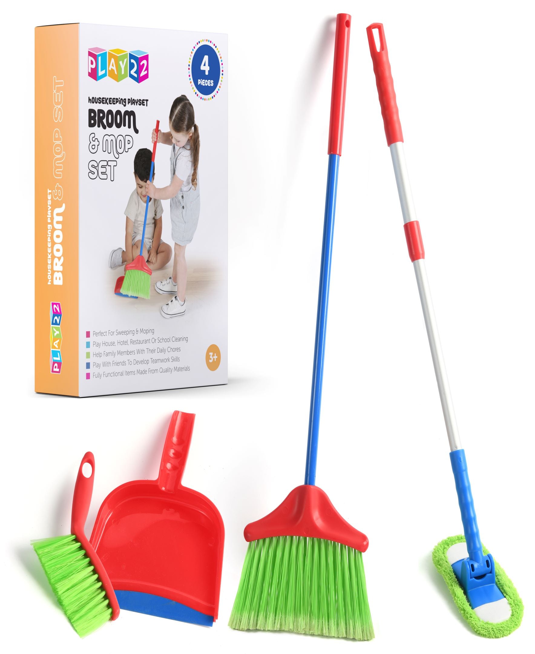 Kids Cleaning Set 4 Piece Toy Broom Mop Brush Dustpan Pretend Play Housekeeping Kit Toddler Girls Boys Birthday Christmas Gift Life Skills Toy