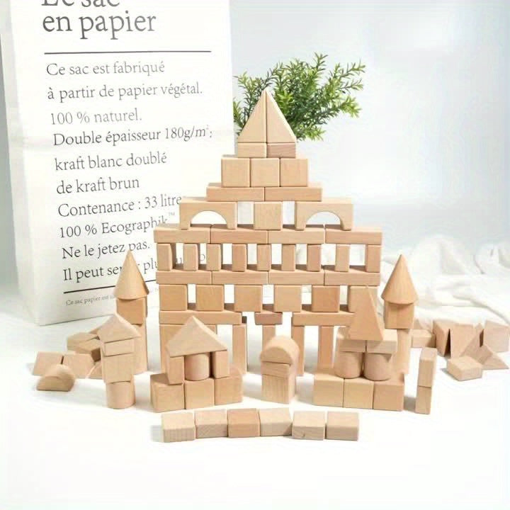 Wooden Building Blocks for Kids 100 Piece Solid Beech Wood Set – Unpainted Natural Stacking Blocks Ages 3-12, STEM Logical Thinking Educational Toy, Montessori Castle Puzzle Gift Boys Girls
