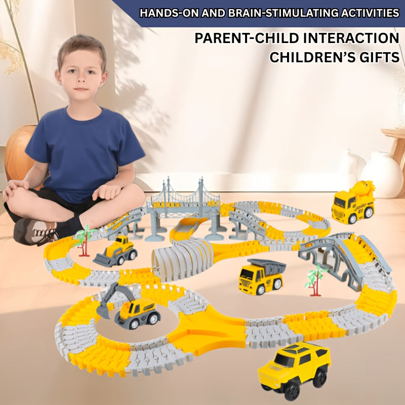 Kids Electric Track Car Toy Set Engineering Race Track with Elevated Bridge Tunnel Roller Coaster Scene Building Assembly – Birthday Gift Boys Girls Ages 3-8