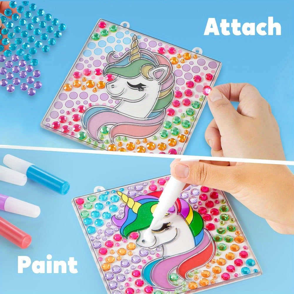 4-Piece Suncatcher Painting Kit 2-in-1 Gem Stickers and Window Paint Pens Butterfly Unicorn Rainbow Sun Designs Arts Crafts Gift for Girls Boys Ages 6 Plus