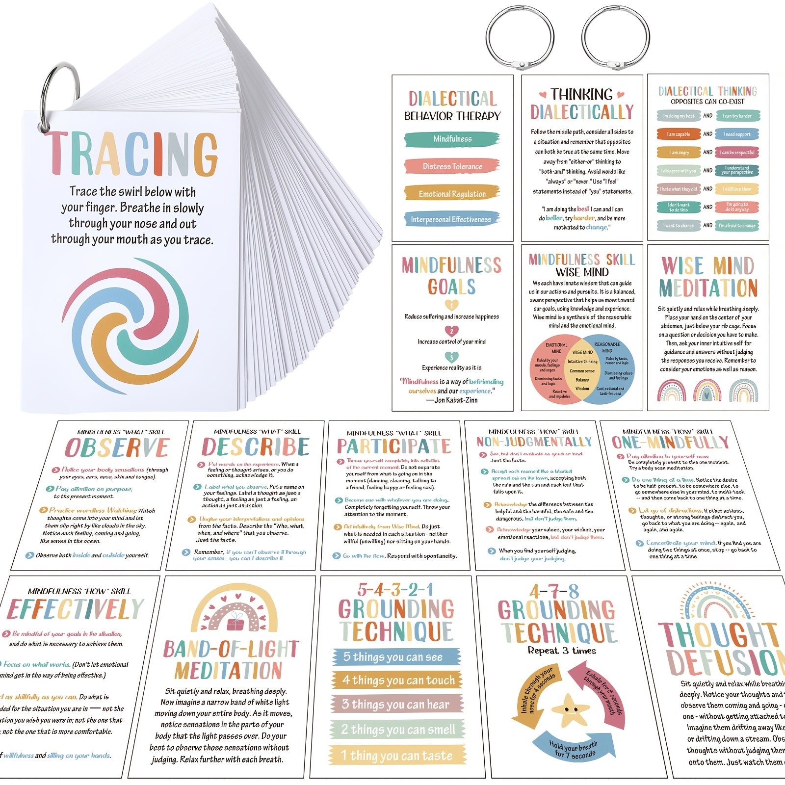 DBT Flashcards for Coping Skills – 48pcs Dialectical Behavior Therapy Cards with Binder Rings, Affirmations, Cognitive Distortions & Anxiety Management Tools for Therapists & Adults Ages 14+