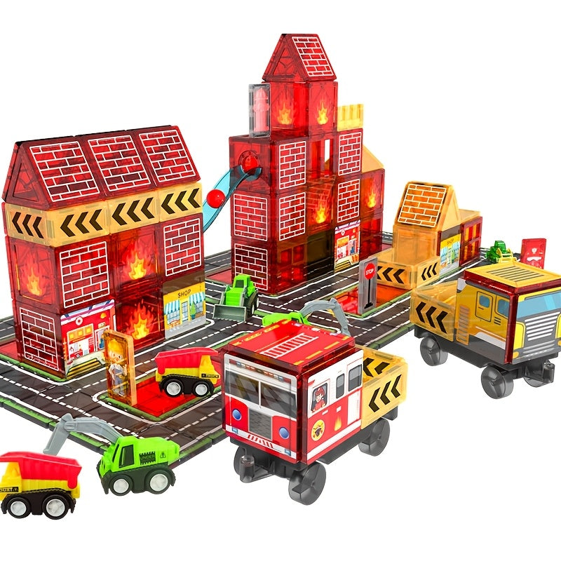 Magnetic Tiles Fire Rescue Set for Kids Ages 3+ – STEM Construction Toy with Fire Truck, Crane, Building & Road Tiles – Firefighting Magnetic Building Blocks Birthday Christmas Gift for Boys & Girls
