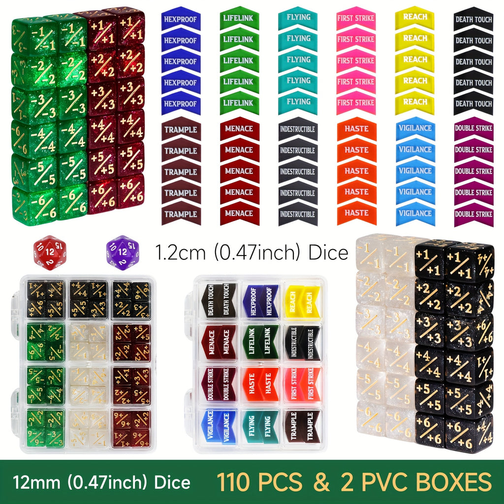 110pcs MTG Counter Dice Set Plus 1 Minus 1 Tokens D20 Keyword Counters 12mm 6-Sided Dice for Magic the Gathering TCG Card Game Accessories Gift