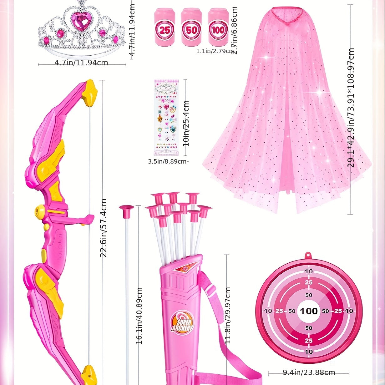 LED Light-Up Princess Bow & Arrow Set for Girls - Archery Toy with Cape, Crown, 10 Suction Cup Arrows & Target, Indoor Outdoor Birthday Gift for Kids Girls Boys