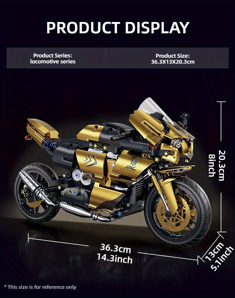 Motorcycle Building Blocks 1000pcs 1:10 Scale DIY Model Kit – Black & Gold Collectible Motorbike Display Ornament for Adults – Large Size Brick Set, Birthday & Christmas Gift for Motorcycle Fans