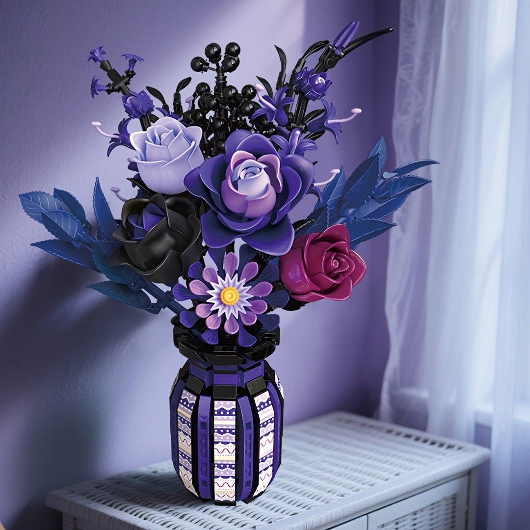 Flower Bouquet Building Blocks 1218pcs Gothic DIY Floral Vase Kit – Artificial Flower Arrangement for Home & Office Decor – Birthday Valentine Mother's Day Christmas Gift for Women