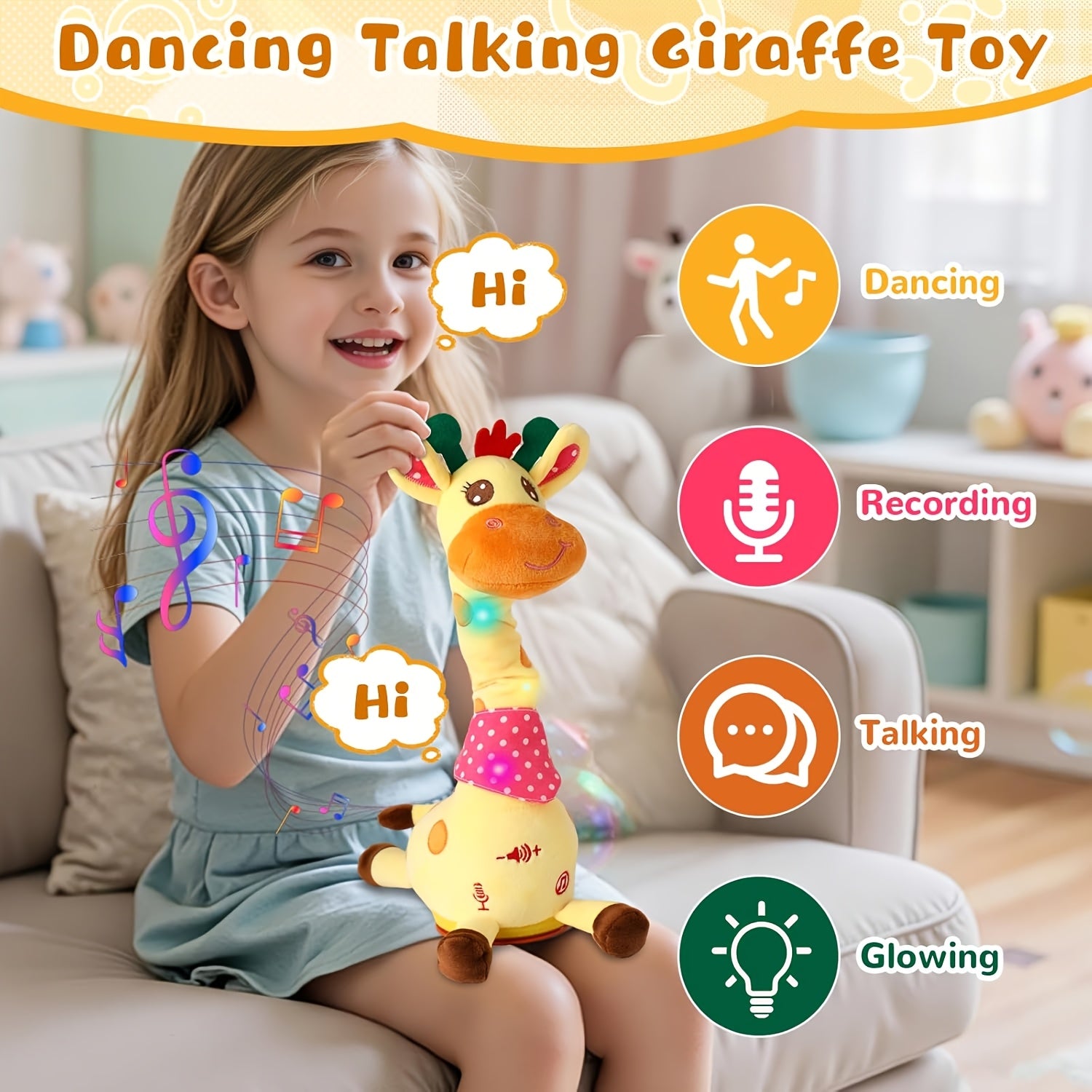 Dancing Talking Giraffe Toy for Baby Toddler 60 Songs Glowing Musical Stuffed Animal Repeats What You Say Interactive Gift for Boys Girls Ages 0 Months+