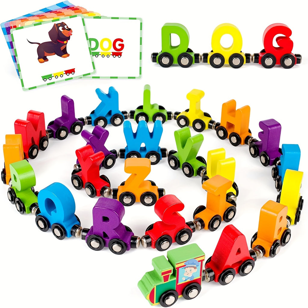 Magnetic Wooden Alphabet Train Set 27pcs – ABC Letter Learning Toy with 42 Flash Cards Engine Storage Bag – Educational Toy for Kids Boys Girls Ages 3 4 5 6