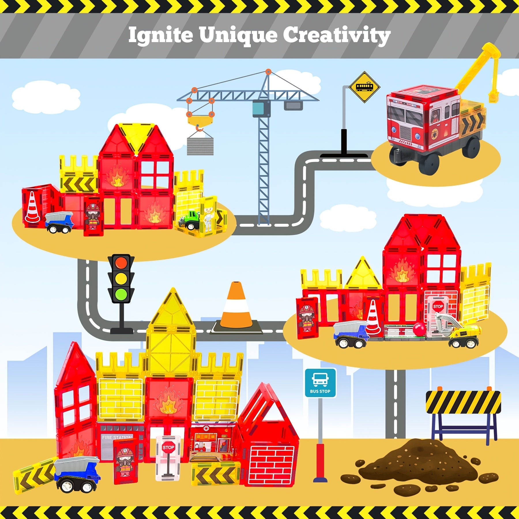 Magnetic Tiles Fire Rescue Set for Kids Ages 3+ – STEM Construction Toy with Fire Truck, Crane, Building & Road Tiles – Firefighting Magnetic Building Blocks Birthday Christmas Gift for Boys & Girls