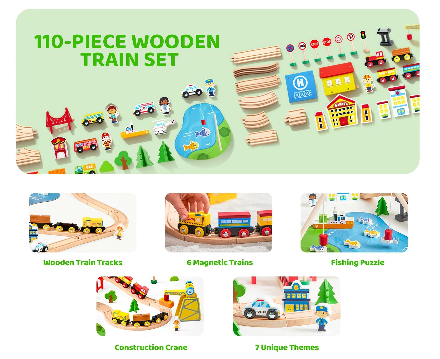 110pcs Wooden Train Set City Scene Railway – 6 Magnetic Trains, 7 City Themes, Helicopter, Ship & Vehicles, Compatible with All Brands, Birthday Christmas Gift for Kids