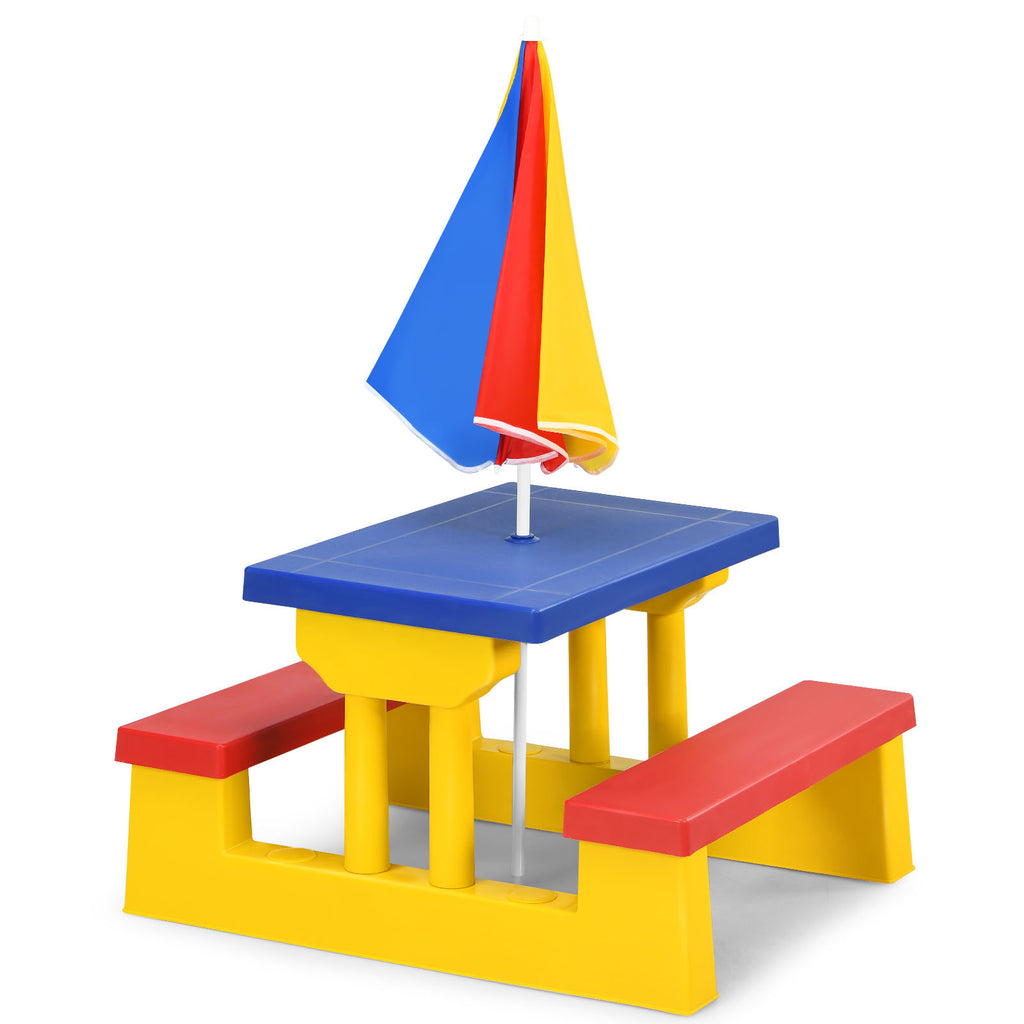 Kids Picnic Table with Umbrella and Bench Set, Seats 4 Children, 2-in-1 Indoor Outdoor Activity Table for Backyard Garden Patio, Safe PP Foldable Umbrella Kids Furniture, Birthday Holiday Gift Ages 2-6