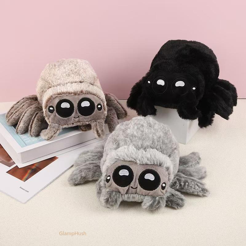 Huggable Spider Plush Figurine - Soft Fluffy Polyester Stuffed Animal Decoration, Squishy Fidget Poseable Toy, Halloween Party Supplies & Spooky Cute Home Decor, Fun Gift for Kids Adults Spider Lovers, Brown Gray Black