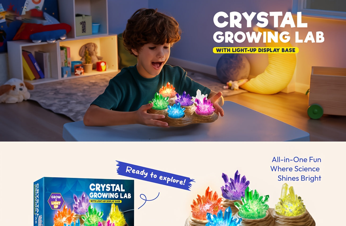 Crystal Growing Kit for Kids with Light-Up Base – 7 Color Science Experiment Set, STEM Learning Toy for Boys & Girls Ages 8+, Birthday & Christmas Gift