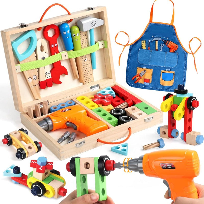 Wooden Kids Tool Set 44 Pcs with Electric Drill Apron Storage Box Educational Toy for Boys Girls Ages 3 and Up Hands-On Skills Birthday Christmas Gift