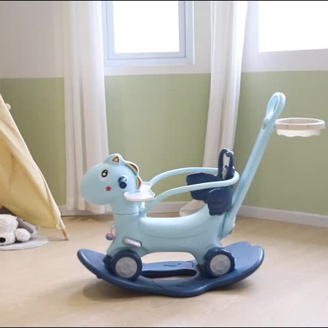 4-in-1 Rocking Horse with Basketball Hoop & Safety Push Rod for Toddlers 1+ – Ride-On Bike, Balance Bike & Balance Board, Indoor Outdoor Baby Balance Toy, Birthday Gift Boys & Girls