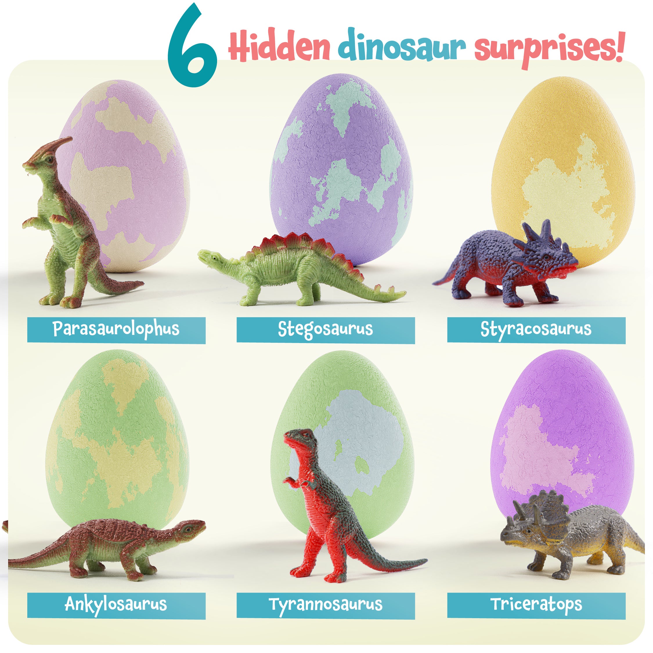 Dinosaur Egg Bath Bombs for Kids 6-Pack - Fizzy Surprise Bath Bomb Set with Hidden Dinosaur Toys & Learning Cards, Colorful Bath Time Activity, Birthday Christmas Gift for Boys Girls