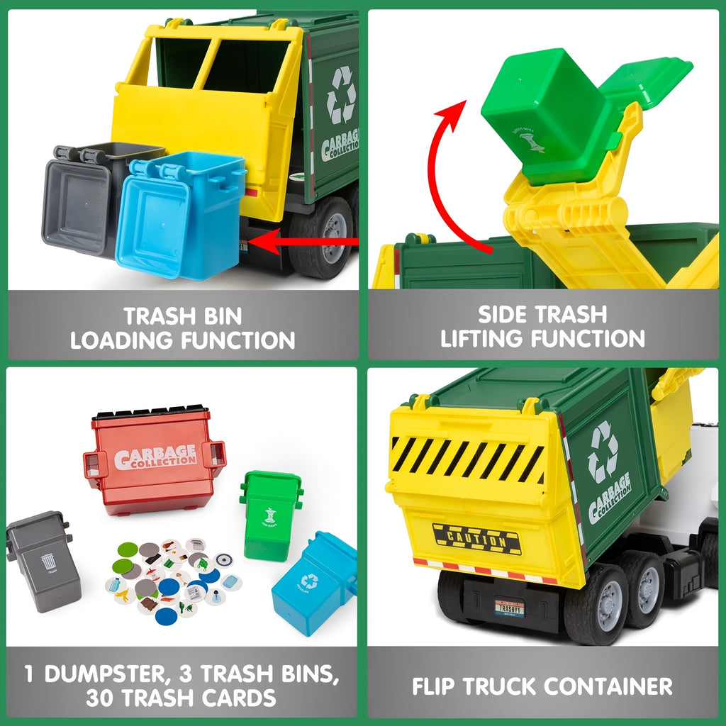 Garbage Truck Toy with Lights & Sounds – 16" Large Friction Powered Truck, Dumpster & Trash Bins, Garbage Sorting Learning Cards, Front-Load Dump Action, Birthday Gift for Kids Ages 3+