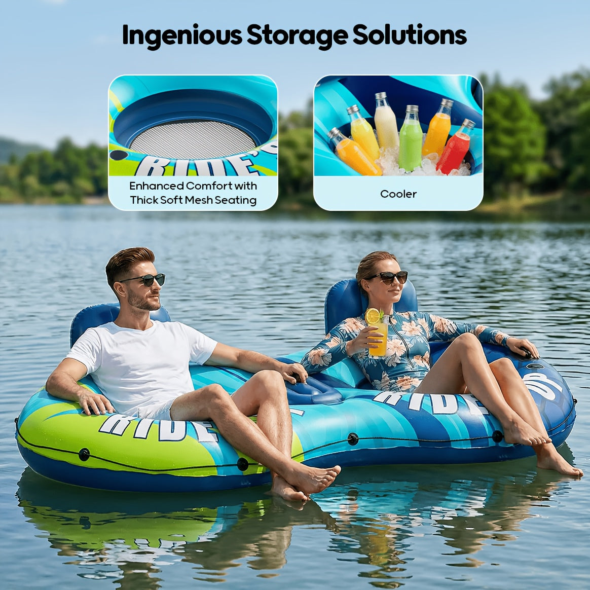 Inflatable Water Float Tube 2-Person 93 Inch 660lb Capacity Heavy Duty Pool River Lake Floating Lounge with Backrest Cooler & Cup Holders – Outdoor Summer Water Leisure