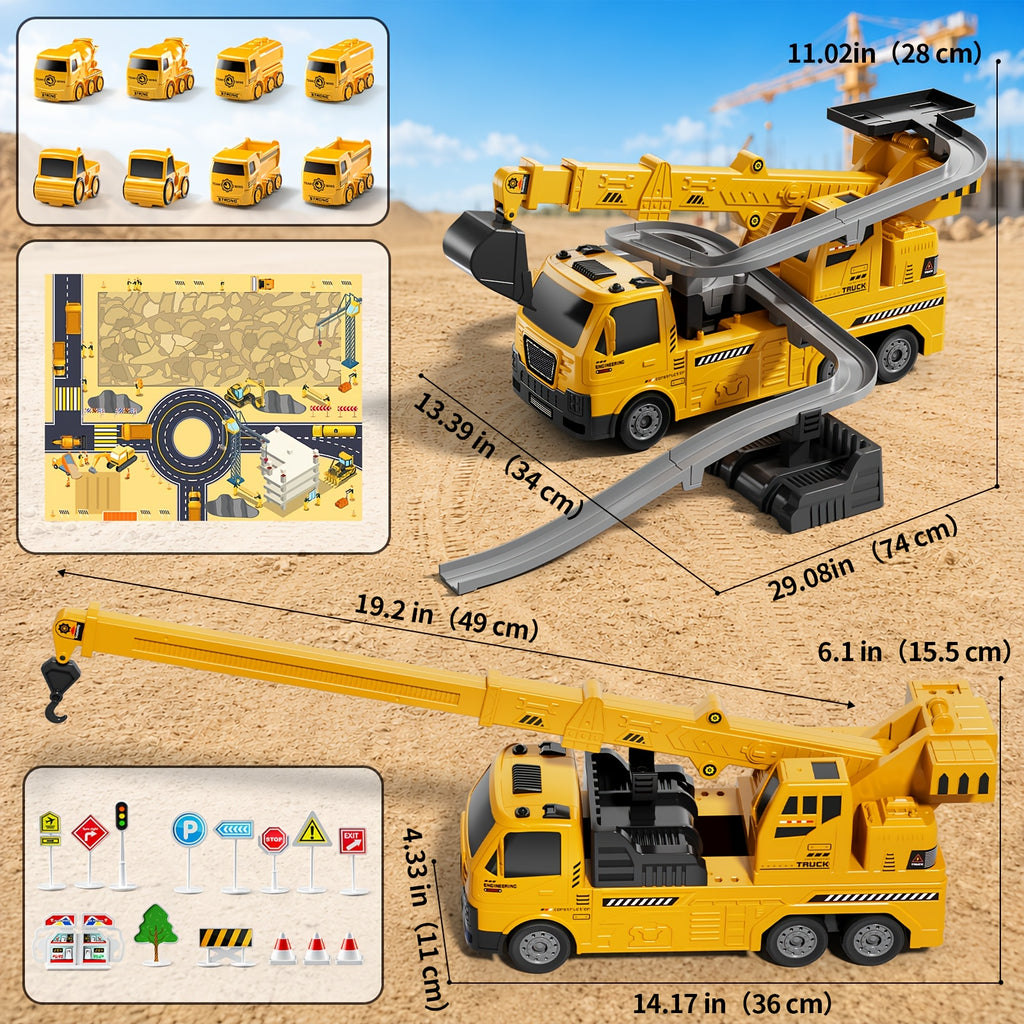 3-in-1 Construction Vehicle Toy Set Crane Excavator Racing Track with 8 Cars Lights Sounds STEM Playset for Kids Boys Girls Toddlers Ages 3+ Birthday Christmas Gift