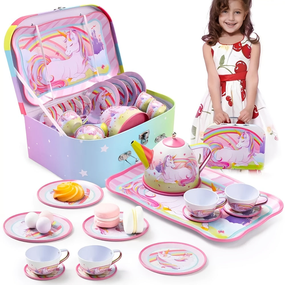 Unicorn Tea Party Set for Girls 15 Pcs Pretend Play Pink Tin Teapot Set with Carrying Case Toddler Tea Set Birthday Christmas Gift Ages 3 and Up