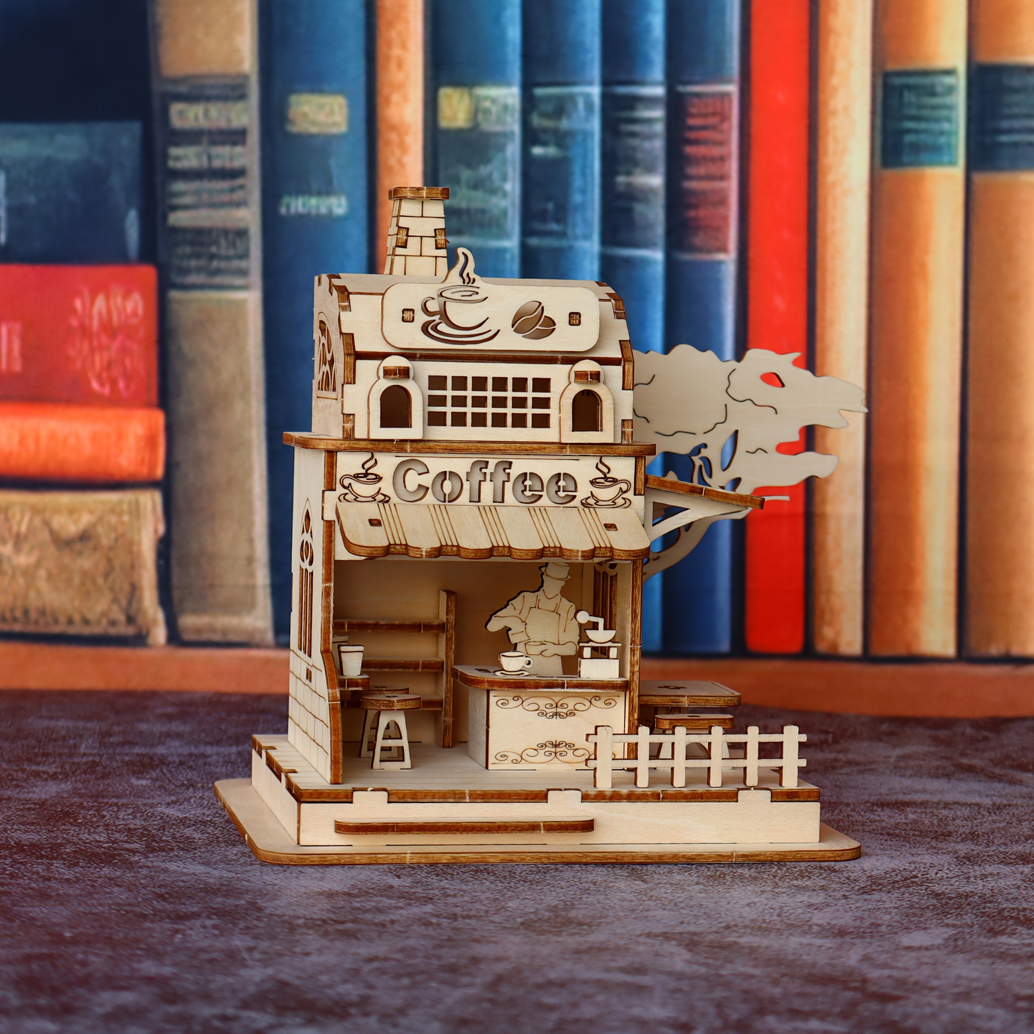 Coffee Shop 3D Wooden Puzzle Kit Miniature House Model with Artisan Coffee Machines DIY Build Creative Birthday Halloween Gift for Adults Teens