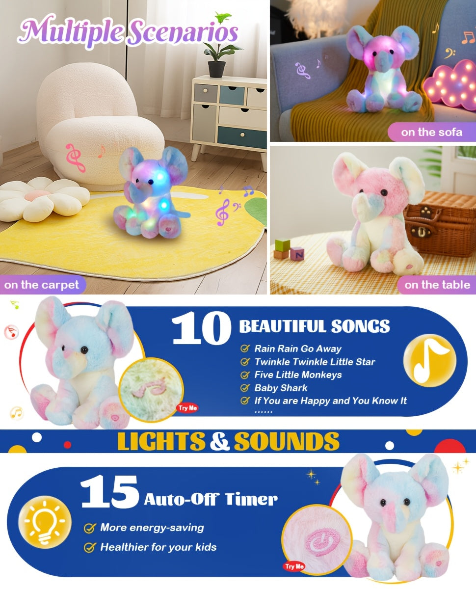 Musical Glowing Rainbow Elephant Plush Toy 12 Inch Night Light Lullaby Soft Stuffed Animal Soothing Baby Gift Birthday Decor for Kids Toddlers