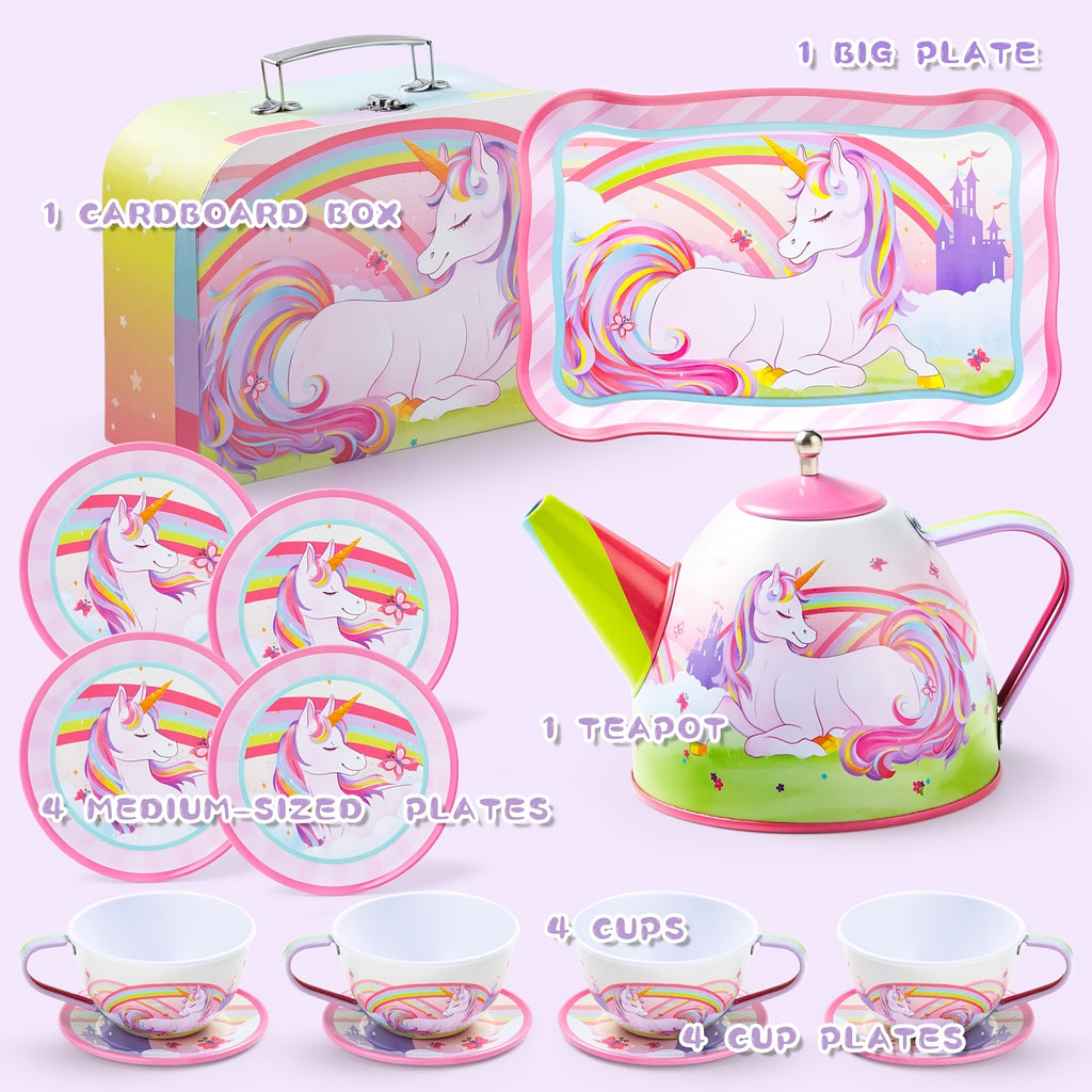 Unicorn Tea Party Set for Girls 15 Pcs Pretend Play Pink Tin Teapot Set with Carrying Case Toddler Tea Set Birthday Christmas Gift Ages 3 and Up