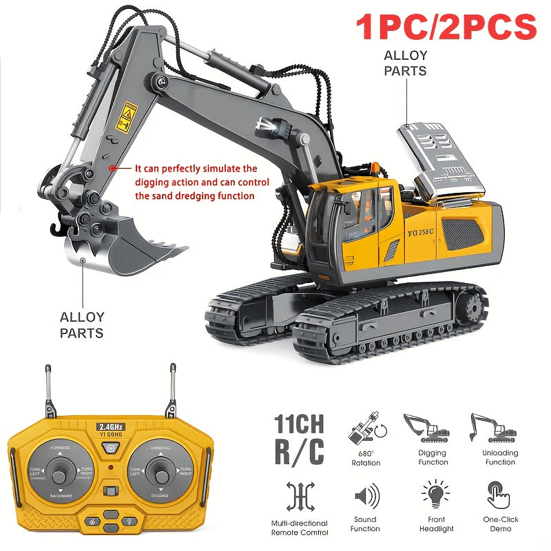 Alloy Construction Truck Toy 1:24 Scale – Bulldozer, Dump Truck & Excavator with 11-Channel Control, Sound Effects, Indoor Outdoor Engineering Vehicle Gift for Boys & Girls