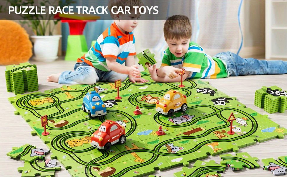 Race Track Car Set for Kids 39 56 73pcs – DIY Jigsaw Flexible Slot Track Toy, Fun Racing Car Gift for Boys Ages 3 4 5 and Up, Indoor Play