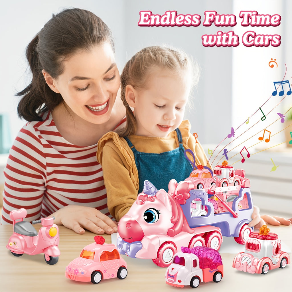 Pink Carrier Truck Toy with 4 Mini Cars Pull-Back Music Lights - Transport Vehicle Toy for Toddlers Ages 3+, Birthday Easter Gift for Boys & Girls