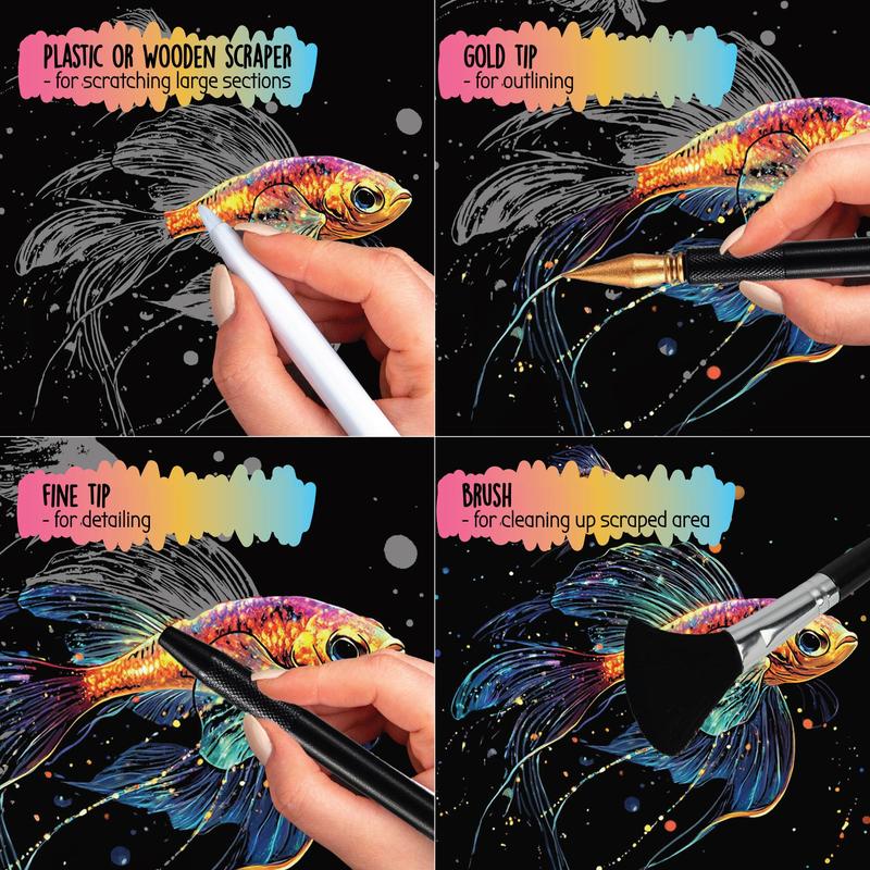 Scratch Art Book for Adults with Animal Designs, 10 A4 Foil Engraving Pages for Relaxing Screen-Free Crafts and Wildlife Art Gifts