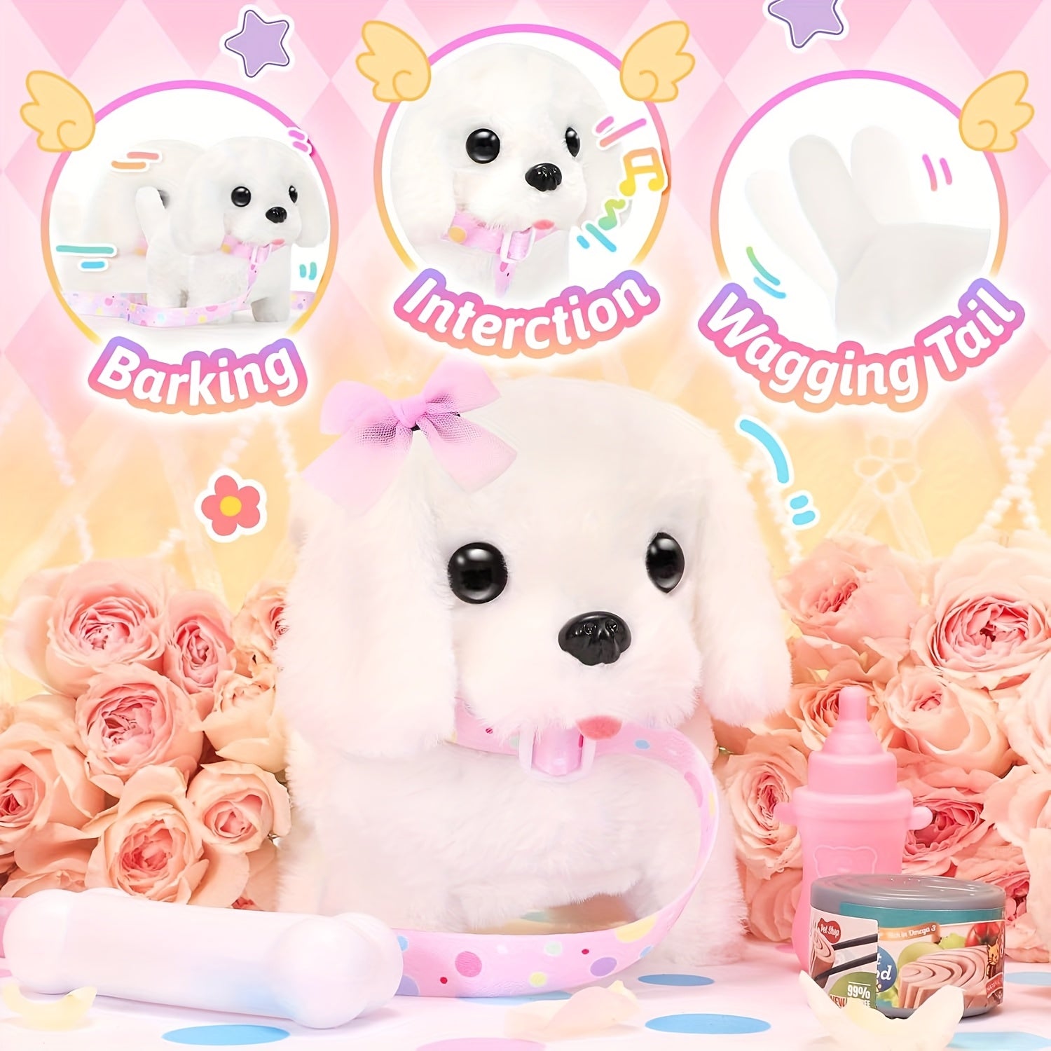 Plush Interactive Puppy Toy – Electronic Walking Barking Dog with Tail Wagging, Leash & Bow, Realistic Pet Toy for Kids, Easter Christmas Birthday Gift for Boys Girls