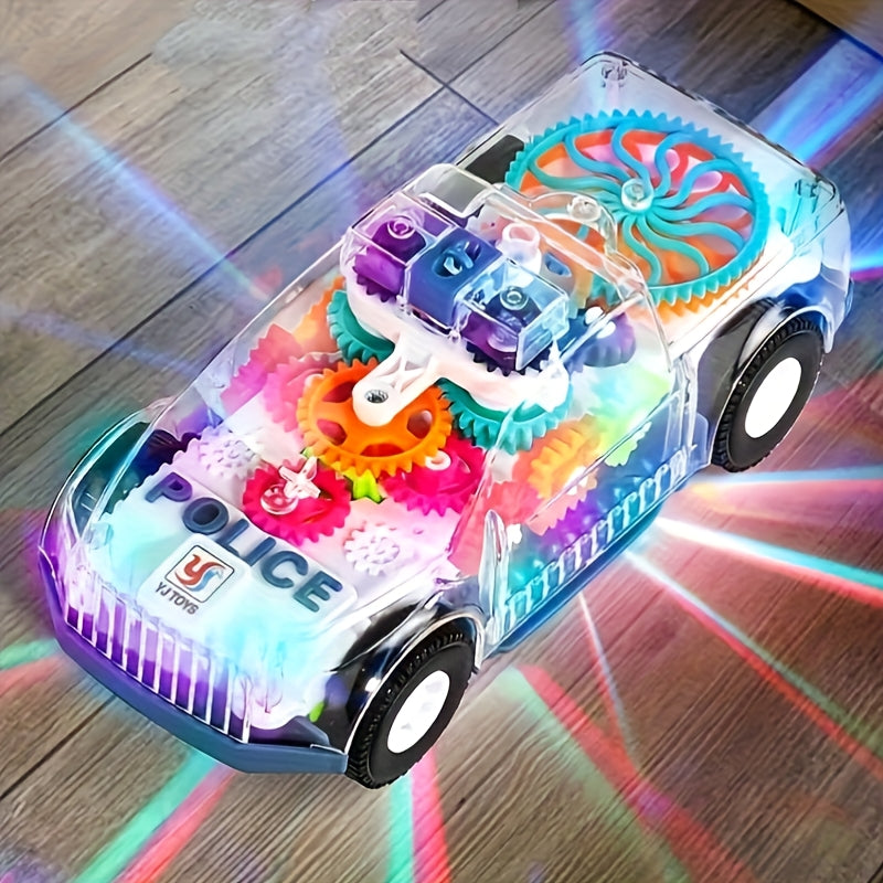 Electric Police Car Toy Transparent Gear Flashing Lights Music 360 Rotation Educational Toddler Toy for Kids Boys Girls Ages 3+ Birthday Christmas Gift
