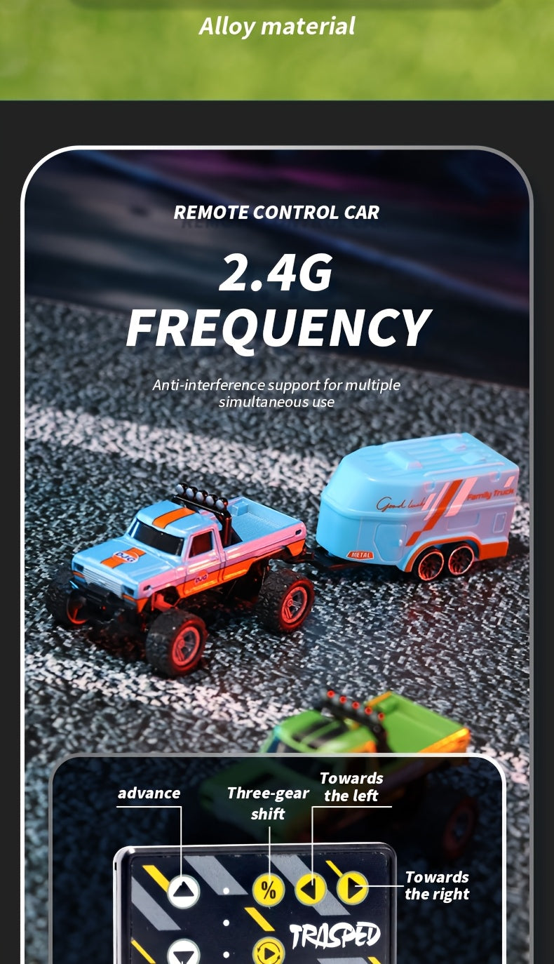 1:64 Mini RC Alloy Monster Truck with Trailer - 2.4GHz Off-Road Pickup Rock Crawler, Body Lights & Headlights, Tabletop Decor, Birthday Christmas Gift for Boys