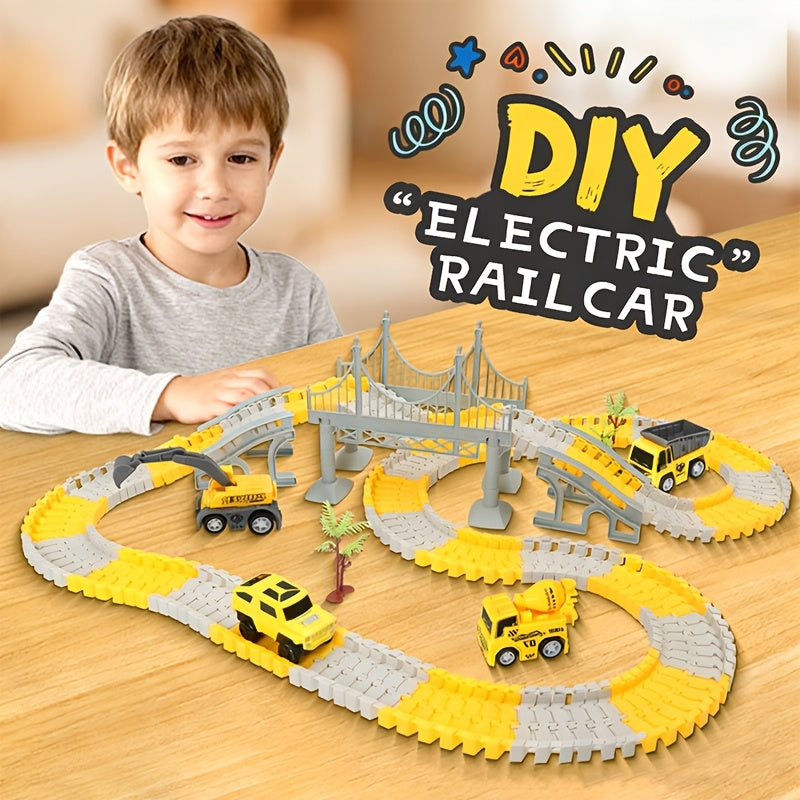 Kids Electric Track Car Toy Set Engineering Race Track with Elevated Bridge Tunnel Roller Coaster Scene Building Assembly – Birthday Gift Boys Girls Ages 3-8
