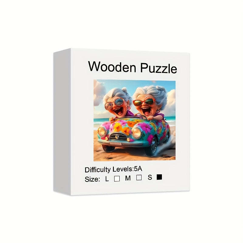 Happy Old Lady Wooden Jigsaw Puzzle – Irregular Animal-Shaped Unique Wood Puzzle, Modern Art Home Decor, Special Holiday Birthday Gift for Friends & Family