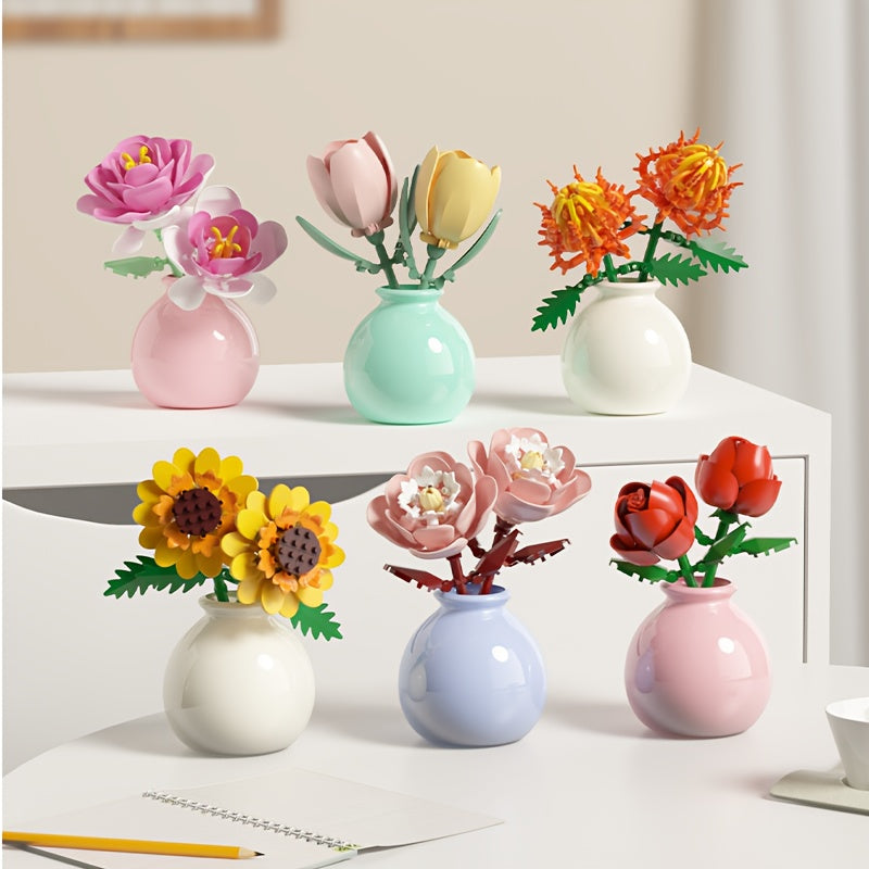 Flower Bouquet Mini Building Blocks 120pcs DIY Set - Eternal Green Plant Desk Decoration, Stress Relief Creative Toy, Easter Birthday Gift for Kids